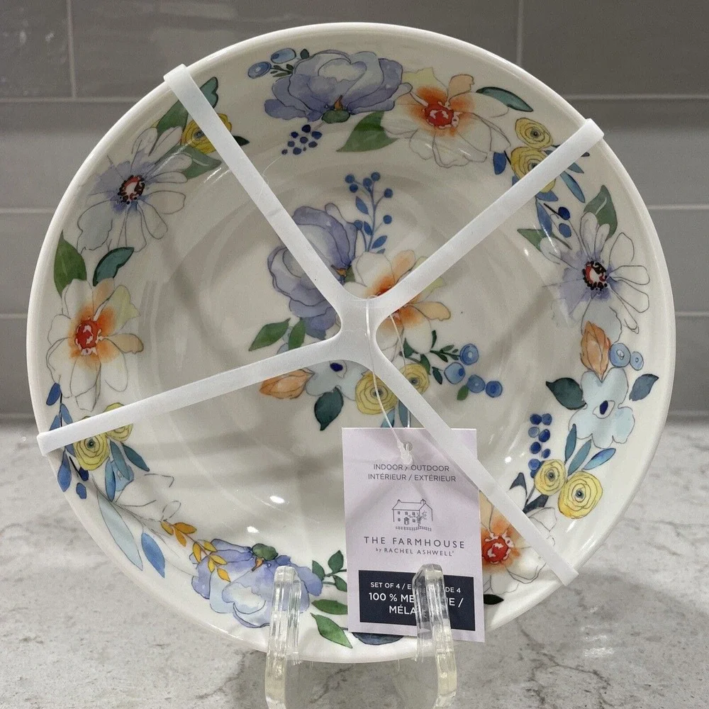 Set 4 LOVELY FLOWERS 2024 Floral Print Melamine 7.5” Bowls Farmhouse Ashwell NEW